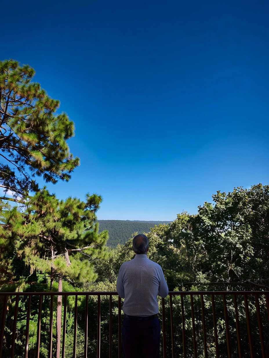 Lic. Fernando Estrada visto de espaldas, contemplando un paisaje de montaña bajo un cielo azul luminoso